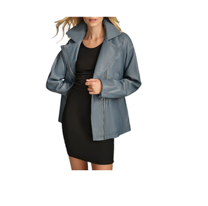 Women's Blue Cowhide Leather Moto Jacket Belted Waist workmanship, ensuring durability, comfort, and long-lasting style - Product Image 2