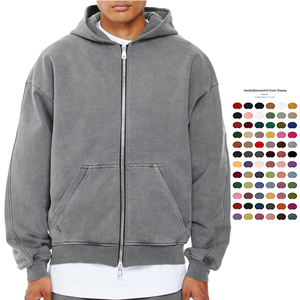 Men's Custom Logo Double <b>Zip</b> <b>up</b> Acid Washed Hoodie High Quality 100% Cotton French Terry Fleece Blank Crop <b>Hoodies</b> for Men - Product Image 1