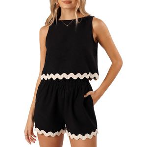 Conjunto de Dos Piezas de Lona con Logotipo Personalizado 2026, Top Corto y Pantalones de Verano para Mujer, Casual, Ecológico, Transpirable, de Manga Corta y Color Sólido - Product Image 1