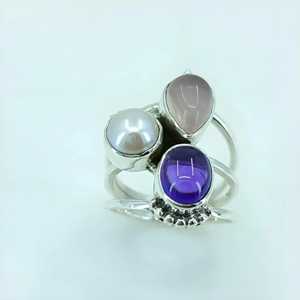 Navya Craft Handmade 925 Sterling Silver Boho <b>Statement</b> <b>Ring</b> Triple Gemstone Amethyst Rose Quartz Pearl Custom Size 4 Gift - Product Image 6