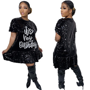 Abito da sera da donna BH1068 con paillettes "<span class=keywords><strong>è</strong></span> la mia festa di compleanno" stampa digitale a vita naturale con motivo solido per l'autunno - Product Image 5