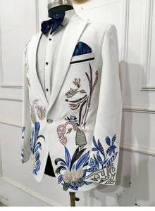 Costume de marié homme blanc avec broderie bleue Costume de marié 2 pièces personnalisé pour fête de mariage - Product Image 3