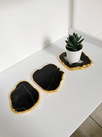 Sous-verre en Agate Noire Naturelle Polie de Luxe avec Bordure Dorée, Écologique, Haute Qualité, 3,4-5 Pouces – Cadeau de Noël – Meilleures Ventes