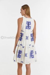 Haute qualité femmes imprimé courte robe midi a-ligne tunique col en v sans manches jupe à volants avec garniture à volants - Product Image 2