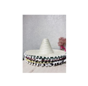 HANDMADE Large Mexican Blue Straw Sombrero <b>Hats</b> with White Pom Pom 55 cm Wide Brim <b>for</b> Festival summer Party <b>Wedding</b> Event Deco - Product Image 6