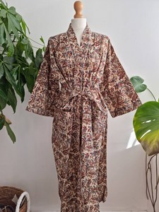 Bagru de algodón puro estampado a mano Kimono de verano Floral Beach Coverup Cómoda bata de maternidad | Casual Floral Otoño/Invierno de punto - Product Image 4