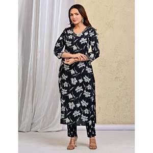 Hand Drawn Black <b>Block</b> <b>Printed</b> Cotton Anarkali Kurta Pant Set with Mulmul Dupatta Indian Ethnic and Party Wear with Net Fabric - Product Image 3
