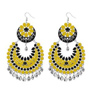 Tip <b>Top</b> Fashions Vintage Yellow Meenakari <b>Silver</b> Plated Pendant Earrings 1311058E Turquoise Main Stone Tassel Shape Brass - Product Image 1