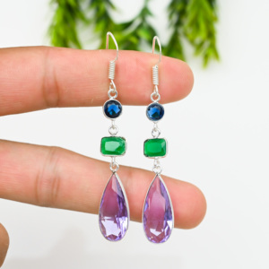 Briolette อเมทิสต์บราซิลต่างหูสีม่วงสเตอร์ลิง925 J-1011การป้องกันทางจิตสำหรับงานแต่งงานงานหมั้นลึก - Product Image 2