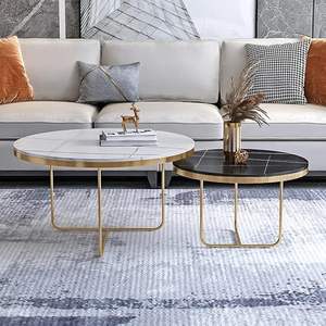 Juego de Mesa de Centro Moderno de 2 Piezas, Encajables, con Superficie de Metal Blanco y Negro, Base Dorada, Fácil de Ensamblar, Muebles de Sala de Estar, Decoración Metálica para el Hogar - Product Image 1