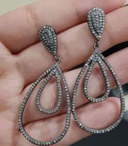 Pave Zircon Stud Earrings 43x25mm Victorian <b>Inspired</b> Dangle Handmade Sterling Silver <b>Jewelry</b> IGI Certified Wedding Gift for Her - Product Image 2