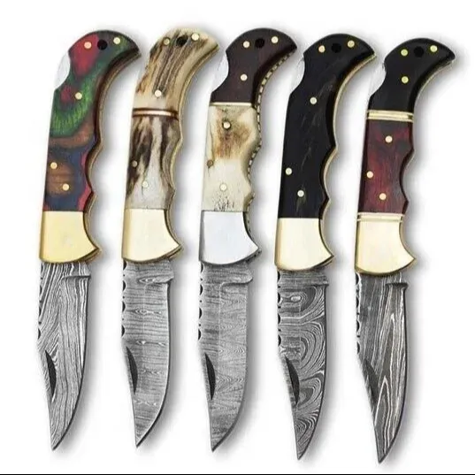 5 Piece Set Custom Handmade Aço Damasco Back Lock Folding Pocket Knife 6,5 polegadas alças mistas com bainha de couro