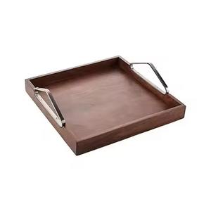 Wood Chocolate Serving Tray With Metal Handles Rectangular Breakfast <b>Coffee</b> <b>Table</b> Decorative Wooden Tray - Product Image 3