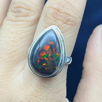 Opale de feu noire naturelle bague en argent sterling 925 opale noire éthiopienne pierre précieuse goutte de larme bague opale noire de feu pour pierre de naissance