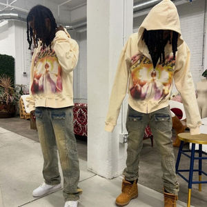 Fabricant sur mesure – Sweat à capuche zippé en molleton bouclette délavé au soleil, style streetwear, délavage acide, 500 g/m², pour homme, avec strass, 100 % coton - Product Image 2