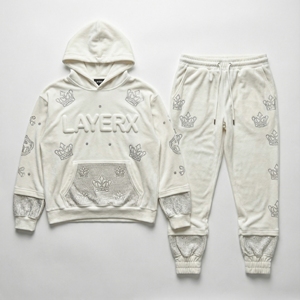 Ensemble long 2 pièces pour femme, style streetwear Y2K, en velours uni, avec sweat à capuche court et ample à imprimé, patchs et strass, écologique et respirant - Product Image 1