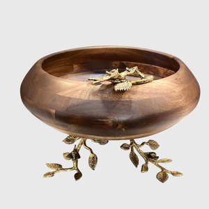 Bol en bois de table design fantaisie Bol en bois d'acacia créatif avec accent en métal design floral parfait pour servir ou afficher - Product Image 4