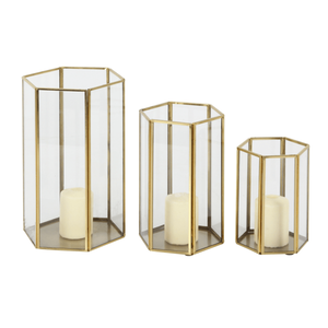 Nouveau ensemble en forme d'hexagone 3 Terrarium verre bougeoir métal laiton décoratif et bougie lanterne pour plaqué or décoration de la maison - Product Image 1