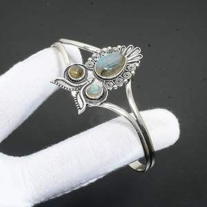 Labradorite Gemstone Handmade Cute Charm Brass Bangle Multi Stone Owl Pattern Luxury Men's Gift - Product Image 4