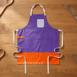 Tablier de cuisine robuste et réutilisable violet-orange avec poches, lavable en machine, pour usage quotidien, style simple, en toile - Product Image 1