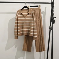 Ensemble 2 pièces tricoté pour femme, haut rayé à manches longues et jupe plissée, décontracté, coupe ample, longueur complète, anti-boulochage, pour l'automne