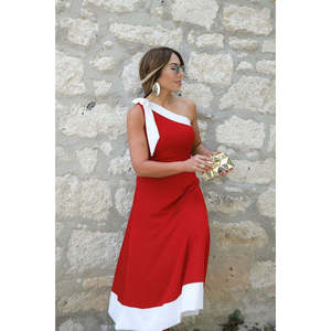 Women's One-Shoulder Dress with Ribbon Detail, Two-<b>Tone</b> Imported Crepe Dress, 34439 - <b>Red</b> - Product Image 2
