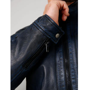 Célèbre marque hommes moto en cuir véritable veste agneau Nappa avec rayures col rond haute qualité fermeture éclair vêtements d'extérieur pour hommes - Product Image 3