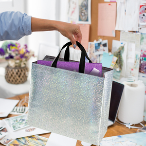 <b>Silver</b> Holographic Glitter Non Woven Reusable Tote <b>Bag</b> | Waterproof Moisture Proof Digital Printing Custom Logo Hand Length <b>Bag</b> - Product Image 3