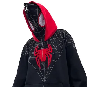 Groothandel Custom Made Mannen Zuur Wassen Full Spider Rits Hoodie Met Oogjes Drop Schouders Vintage Spin Capuchon Hoodie