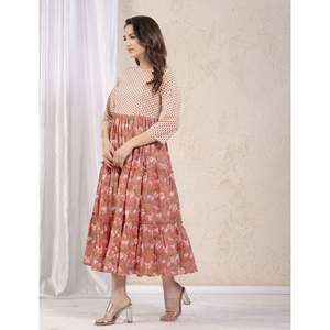 Vestido Anarkali de Algodón Estampado Color Durazno, Salwar Kameez Étnico Indio, Tela de Georgette Pesada, Estilo Pakistaní, Prendas de Fiesta Cosidas - Product Image 4
