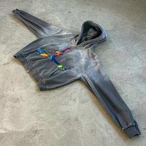 Sudadera con capucha personalizada con cremallera de diamantes de imitación para hombre, ropa de calle con lavado ácido de 370 gramos, logotipo estampado de pantalla, algodón pesado, a la moda Top con capucha, ajuste ajustado de otoño - Product Image 6