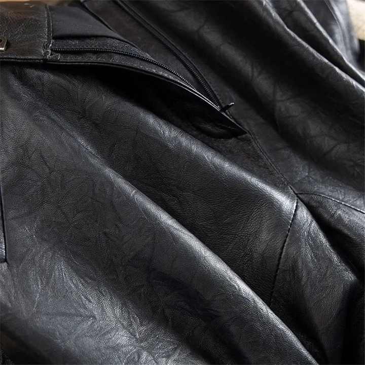 Street Wear Black PU Leather Pants Women Pocket Elastic Waist Lantern Vintage Autumn Winter Ankle-Length Trousers Z982