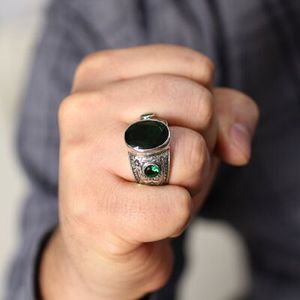 Handcrafted 925 Sterling <b>Silver</b> Men's <b>Ring</b> with Green <b>Emerald</b> Stone & Bezel-Set Engraved Design - Product Image 1