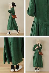 Classic Linen Shirt Dress for Women Soft Casual Boho Style <b>Long</b> Sleeves Loose Fitting Plus Size Maternity Dress Appliques - Product Image 3