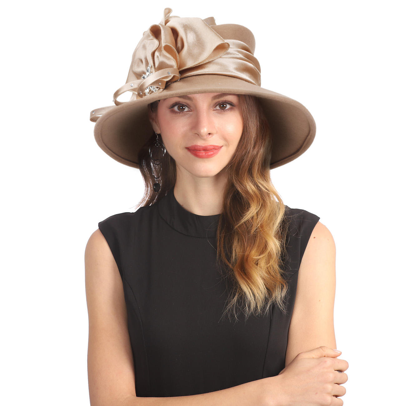 Topi bulu wol wanita, topi Cocktail pesta pernikahan Fedora cantik