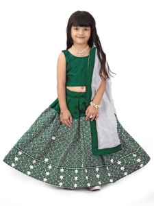 Shoryam Fashion Girls Emerald Green Ethnic Floor-Length Quick Dry Lehenga Choli Set Star Embroidery <b>Net</b> <b>Dupatta</b> Party Wedding - Product Image 2