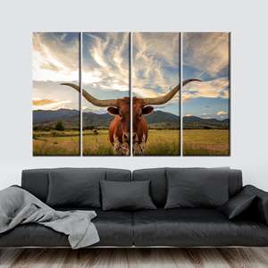 Obra de arte de vaca Longhorn: Lienzo artesanal de granja - Diseño de paisaje impreso en 3D, 4P: Enmarcado en galería - Product Image 1