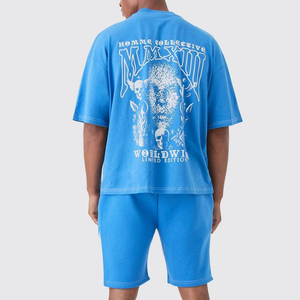 Ensemble T-shirt et short brodés surdimensionné Boxy au point contrasté vêtements pour hommes ensemble jumeau d'été ensemble d'entraînement de gymnastique assorti de haute qualité - Product Image 5
