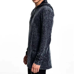 Acid Wash French Terry 100% Cotton Embroidery OEM Custom Men's Long Hoodies Pullover Style Longline Basics Man Hoodies - Product Image 4