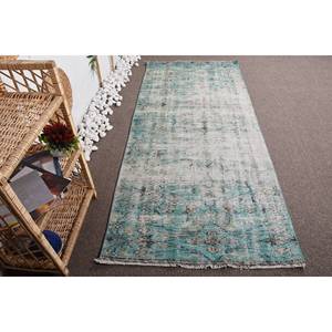Tapis Turc Vintage Moderne Vert Bleu Patchwork Design Large 3.2x7.4ft Zone Laine Matériel Latex Abstrait Rectangle Couloir - Product Image 4