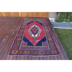 พรมขนาด 4.4x8.2 ฟุต, พรมวินเทจตุรกี, พรมลายดอกไม้สีแดงน้ำเงิน - Product Image 1