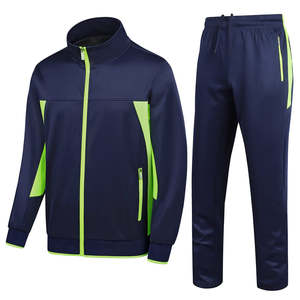 Ensemble de survêtement de sport pour homme bleu marine avec des accents vert fluo, veste zippée et pantalon de jogging, vêtements d'entraînement athlétique - Product Image 1