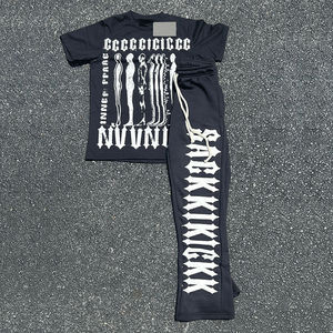 Conjunto de dos piezas para hombre: camiseta corta de cuello simulado 100% algodón tejido vintage de invierno, corte holgado y extragrande, y jogger de secado rápido. - Product Image 1