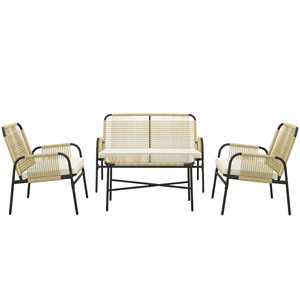 Outsunny Ensemble de salon de jardin en rotin PE avec canapé et 2 fauteuils avec coussins, table basse en verre, jaune - Product Image 1