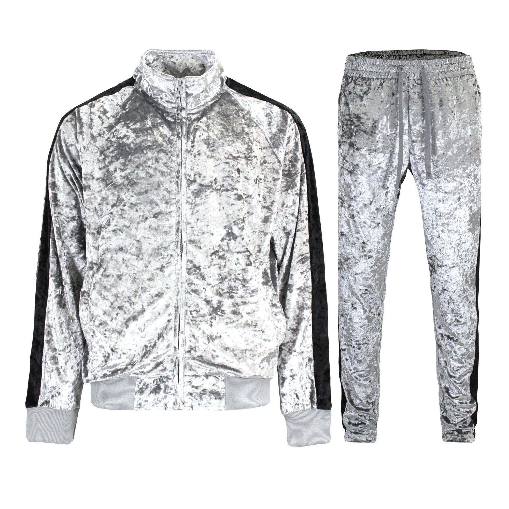 Now Trending Unisex Hooded Velvet Zipper Tack Sweat Suits Casual Side Stripe Regular Fit 2 Piece Zip Front Enclosure Velour