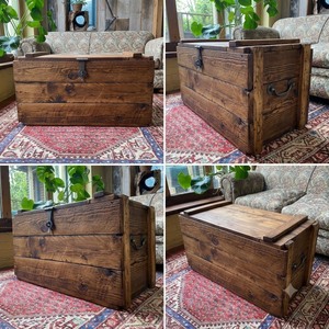 Cofre de Almacenamiento Rústico de Madera con Asa y Bisagra de Hierro, Forma Rectangular para Sala de Estar, Acabado Lacado Duradero - Product Image 5