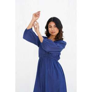 Women Solid Blue V Neck Floor-Length Maxi <b>Dress</b> Long <b>Sleeve</b> Eco-Friendly Washable Elastic Waist Casual <b>Summer</b> - Product Image 3