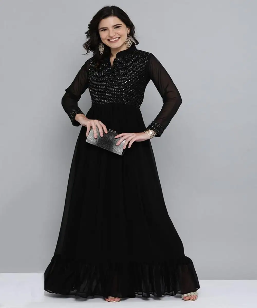 Designer Georgette schwarze Farbe einfachen Hals Stil nur Kleid Party tragen besten Preis ethnischen Kleidungs stück Surat