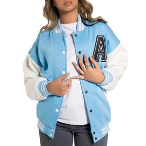 2025 nueva moda de cuero largo de manga de mujer Varsity chaqueta flocado diseño bordado bolsillo transpirable de punto al por mayor - Product Image 6