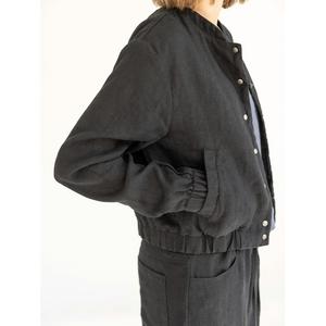 Blouson bombardier en lin baggy à manches longues pour femmes col montant traitement brut fermeture à boutons tissé rempli de coton pour l'automne/hiver - Product Image 5